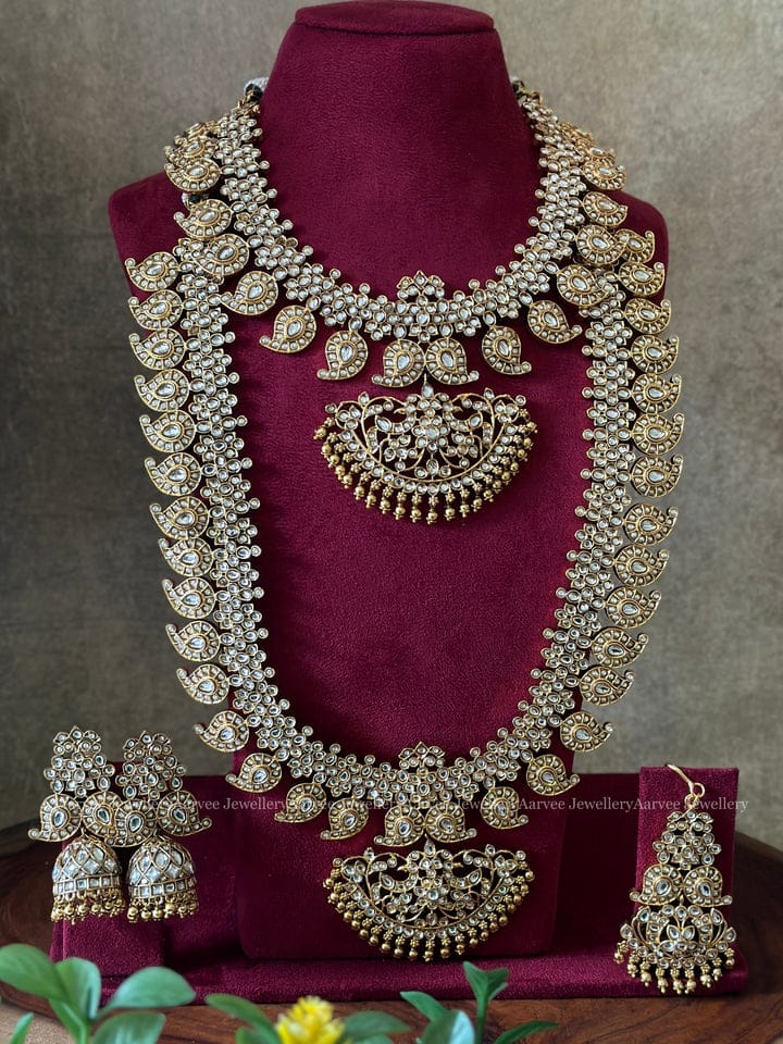 A CLASSIC KEMP SEMI BRIDAL JEWELLERY SET | MANGO MOTIF WITH FULL WHITE KUNDAN STONES