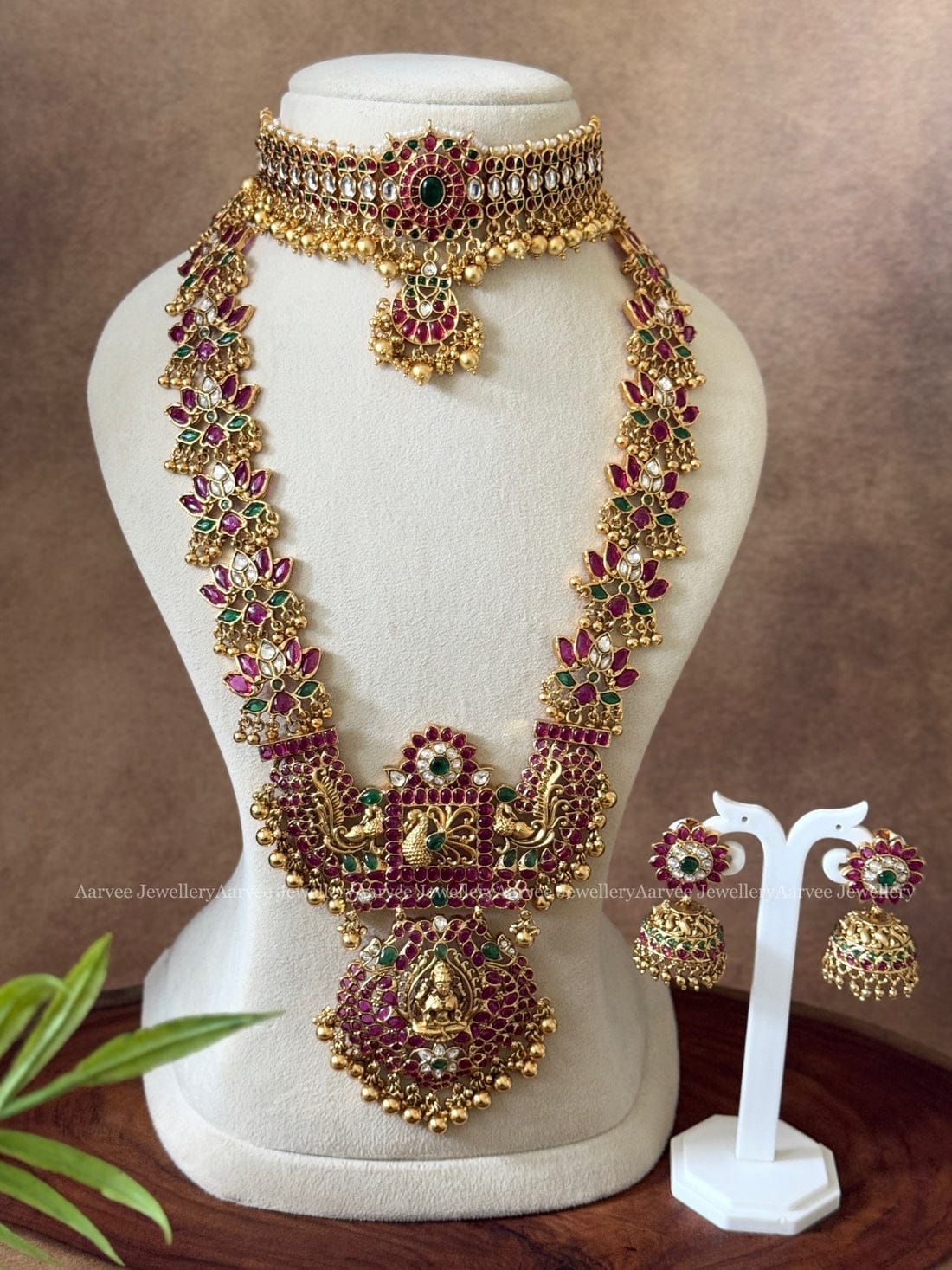 A KUNDAN MULTI COLOR STONES CHOKER | LOTUS MOTIF HARAM SET WITH LAKSHMI PENDANT AND GOLD BEADS